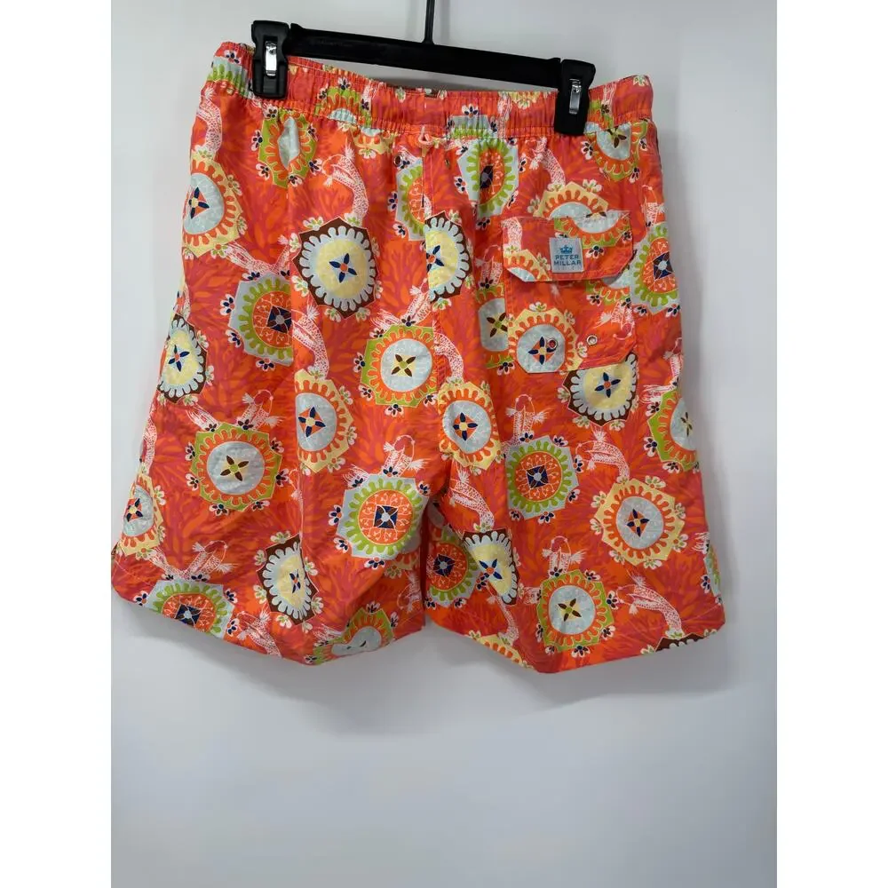 Peter Millar Swim Trunks Mens L Orange Koi Print Lined 8
